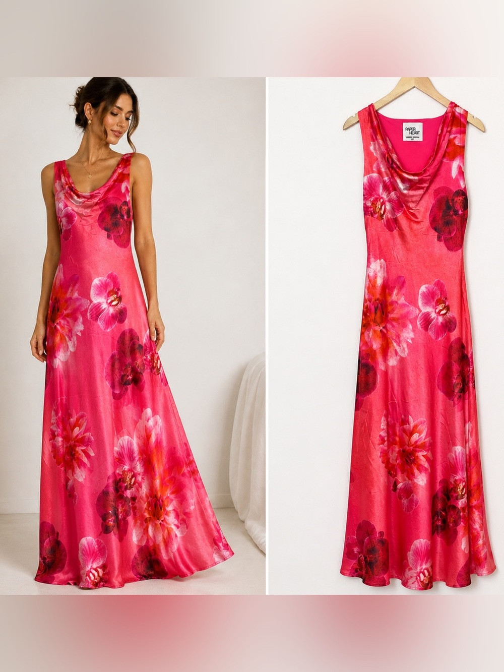 Paper Heart Pink Floral Satin Maxi Dress XS Cowl Neck Wedding Guest